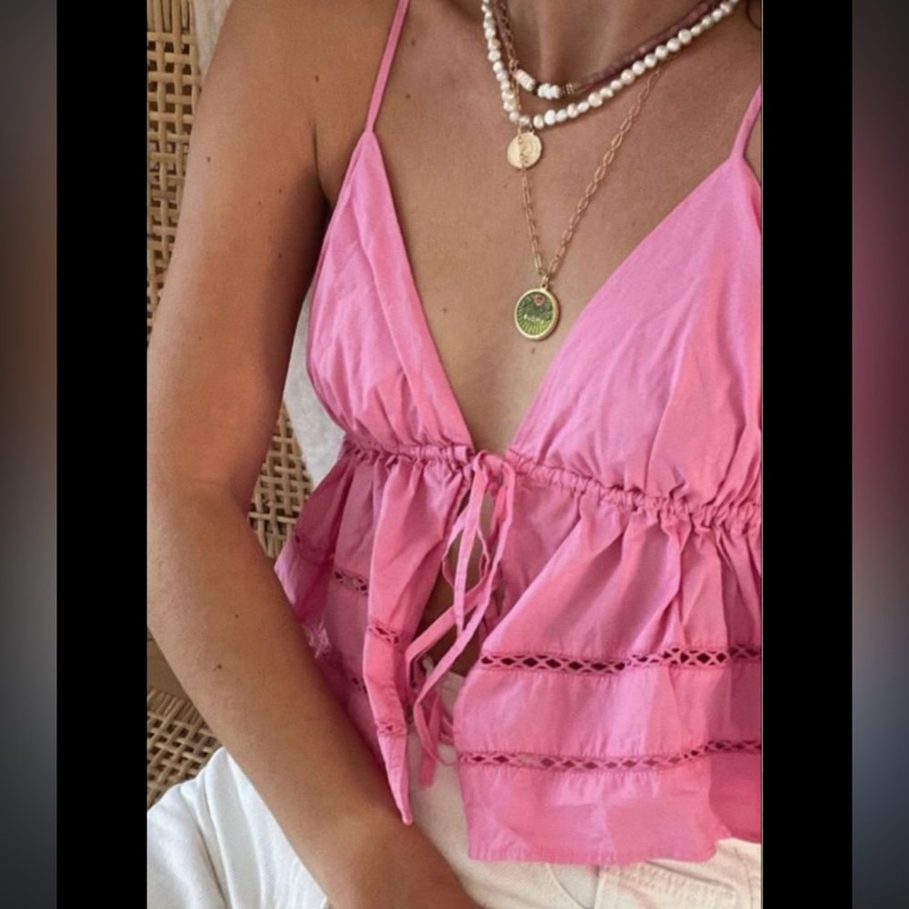 Zara Pink Tie Front Tiered Blouse